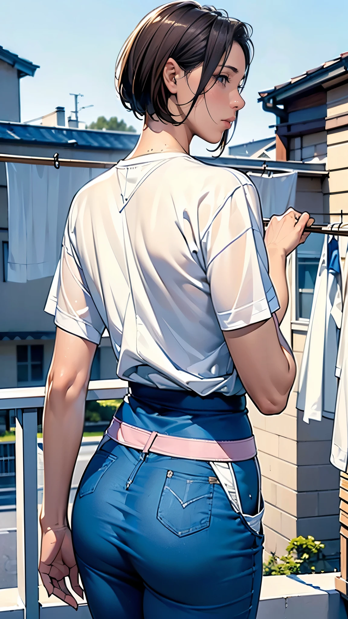 (masterpiece:1.2, highest quality), (Realistic, photoRealistic:1.4),1 female,Mature Woman,48 years old,(((Hang the laundry out to dry))),(Short Bob),(Wearing a jersey),(The background is the balcony),(((Background Blur))),(From the back)