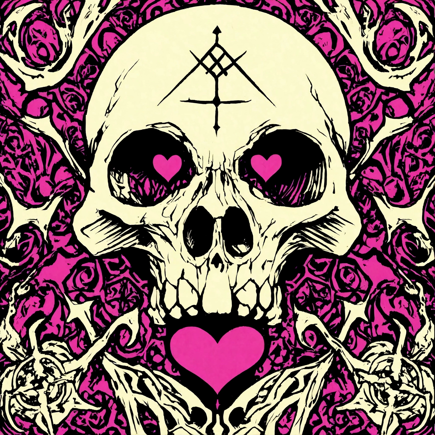 Toxic symbol with demon skull sigil, mendela, vector, with heart inside