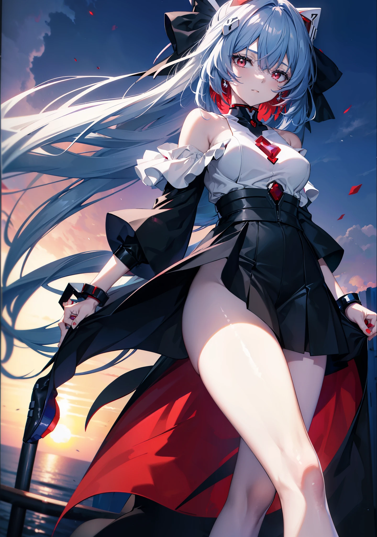 reiayanami, Rei Ayanami, Blue Hair, Long Hair, (Red ruby eyes:1.5),smile,black cold shoulder tops,Short sleeve,black long skirt,Black pantyhose,Stiletto heels,evening,sunset,walking,whole bodyがイラストに入るように,
break outdoors, ビル街
break looking at viewer, whole body,
break (masterpiece:1.2), highest quality, High resolution, unity 8k wallpaper, (figure:0.8), (Beautiful fine details:1.6), Highly detailed face, Perfect lighting, Highly detailed CG, (Perfect hands, Perfect Anatomy),