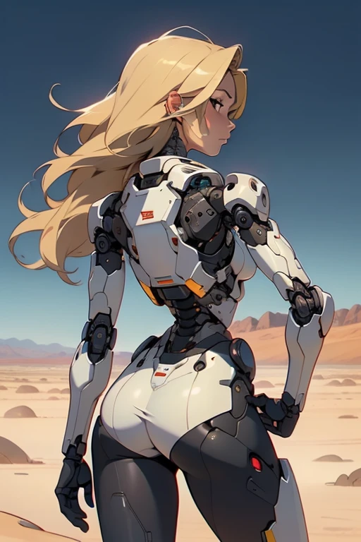 high quality, 4k, masterpiece, beautiful, cyborg girl, cowboy shot, dull eyes, back side, turning around to look at viewer, long blonde hair, girl, small breasts, fit thigh, robotic arms, robotic body, cyborg body, yellow accent, red accent, intricate detail, joint, detailed lines, robotic detail, 1fist on hip, color robotic parts, robotic parts with color, perfect fingers, plaid fabric pleated micro skirt, blowing in the wind..on a desert planet, sunny background, colorful desert,