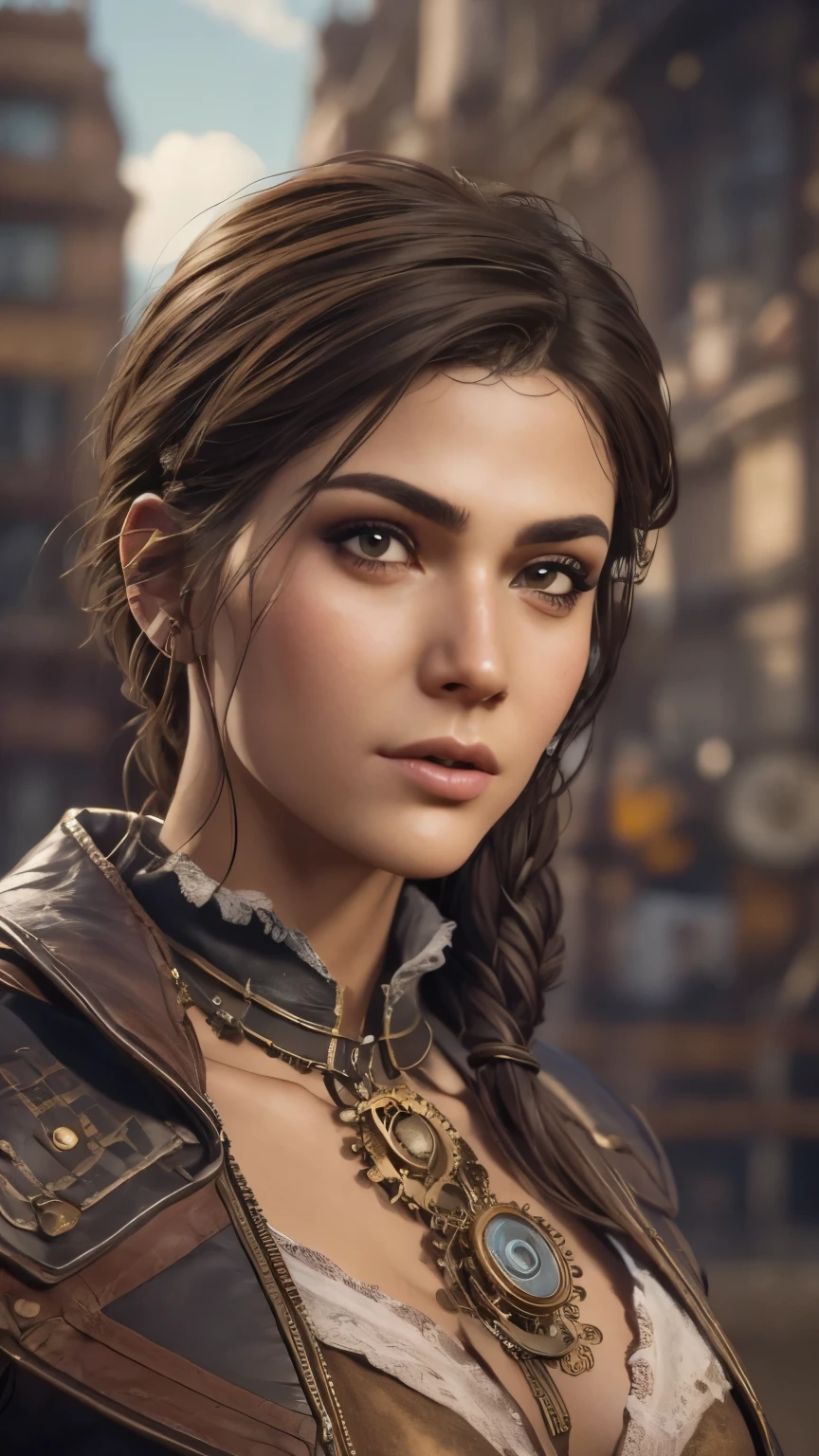 Columbian 19 year old girl, Kassandra, half body view, (front to camera), detailed european face, (aspiring facial expression), (((steampunk style close))), ((steampunk city on the background)), RAW, analog style, ultra detailed photograph, cinematic lighting, artstation, 4k, sharp focus, high resolution, detailed skin, detailed eyes,