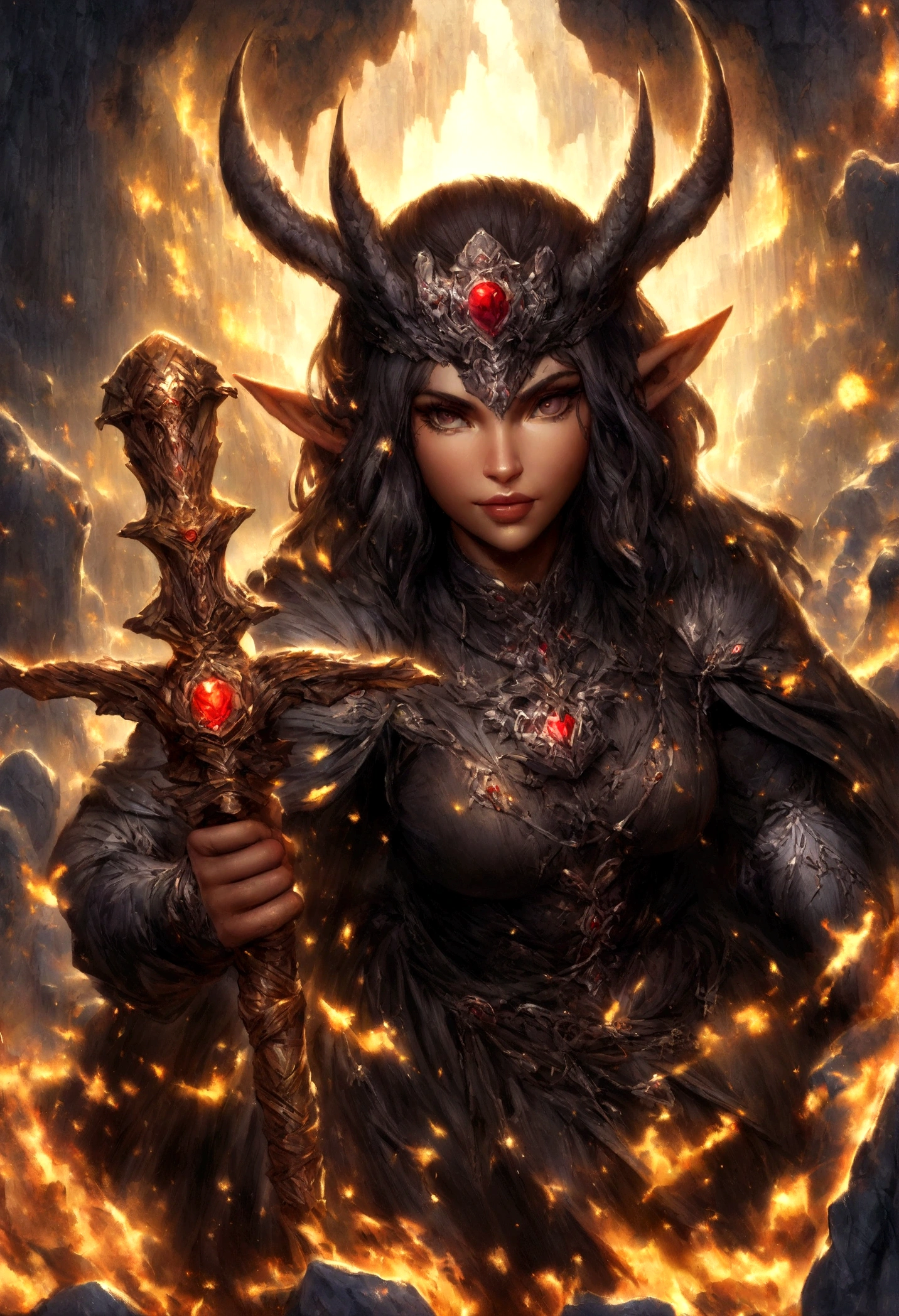 Close-up of a woman holding a sword near the rocks,climb岩，climb， Noah Bradley (Noah Bradley) Inspiring Portraits,Dark Elves，Drow，Dungeons &amp; Dragons，Magic Game