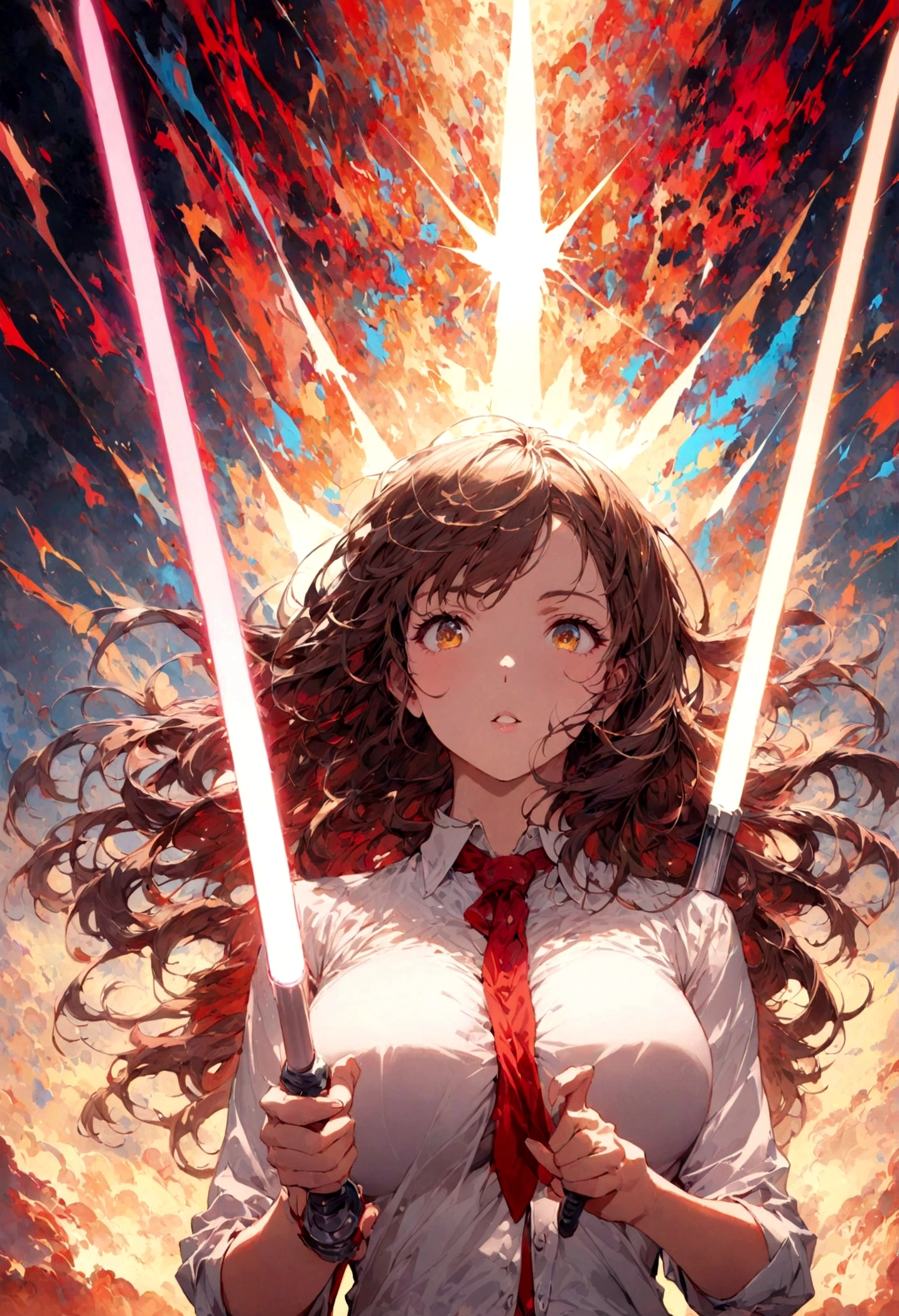 A lovely woman, business attire, confident stance, wielding a laser sword ramen advertisement