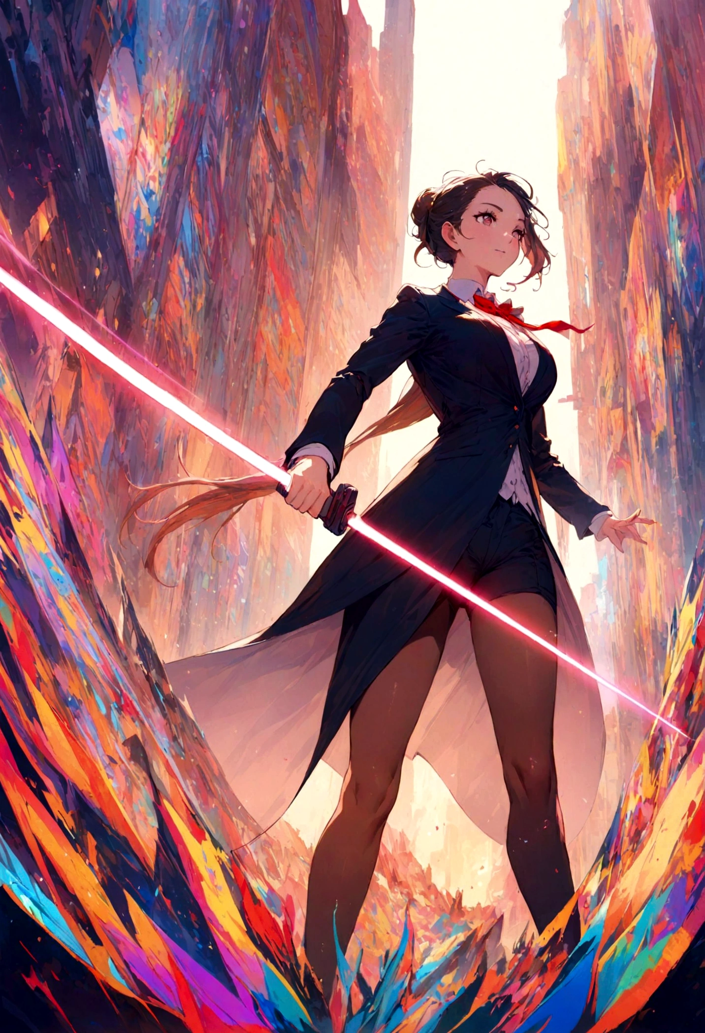 A lovely woman, business attire, confident stance, wielding a laser sword ramen advertisement