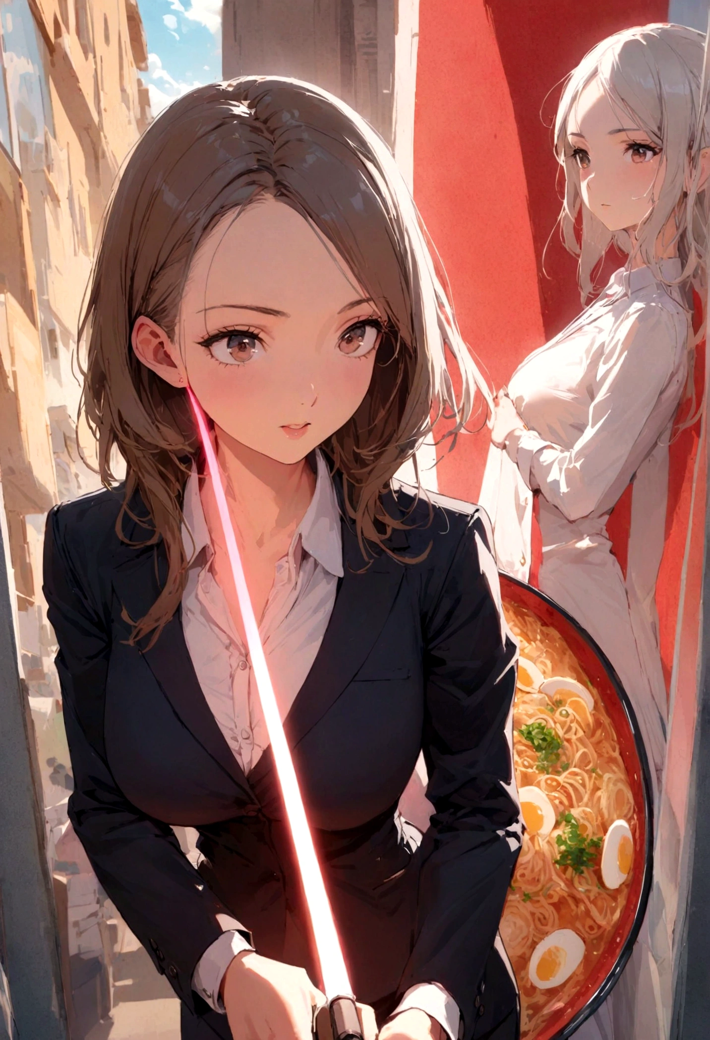 A lovely  woman, business attire, confident stance, wielding a laser sword ramen advertisement