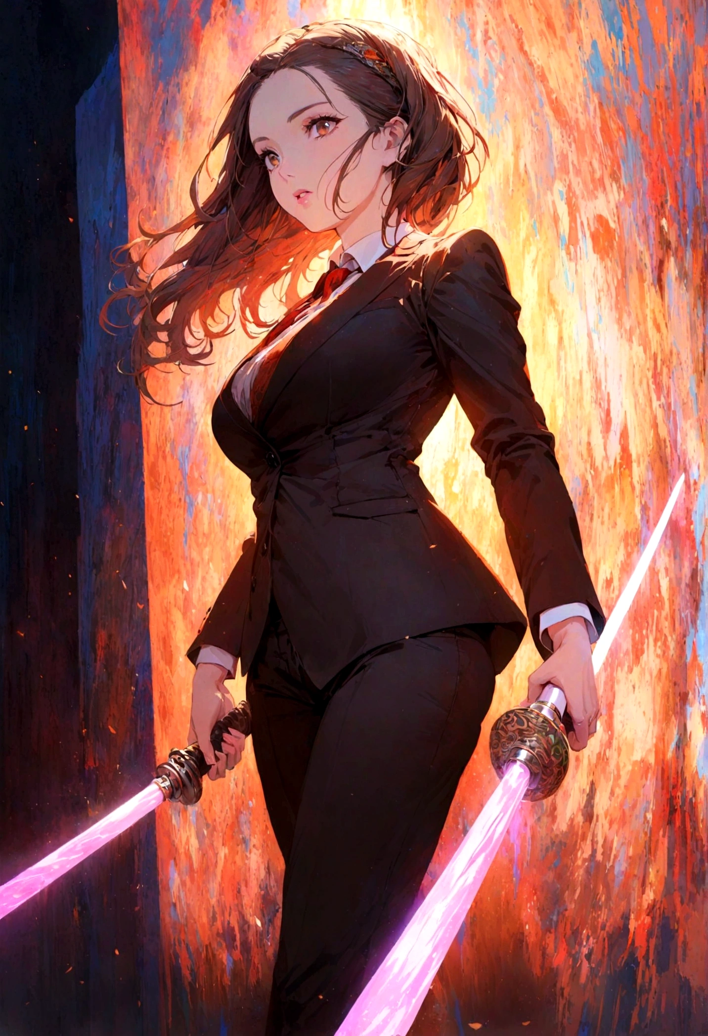 A lovely  woman, business attire, confident stance, wielding a laser sword ramen advertisement