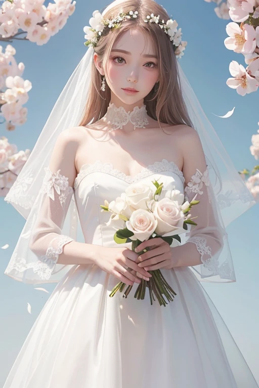 A beautiful and clear-skinned woman、White skin、White and pink flowers、White Dress、Transparent floral background、Holding a beautiful flower