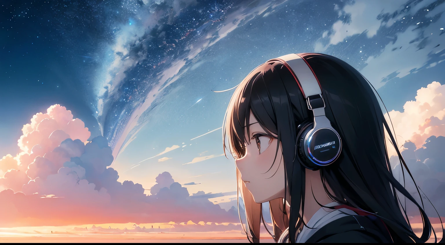 absurd, High resolution, (Official Art, beautiful and aesthetic:1.2), See it up close, shining sky, The Wide World, girl, Put on your headphones, gaze, awe-inspiring expression, Distant Horizon, cloud, Takayama, Natural Beauty, inspiration, Lighting Effects,