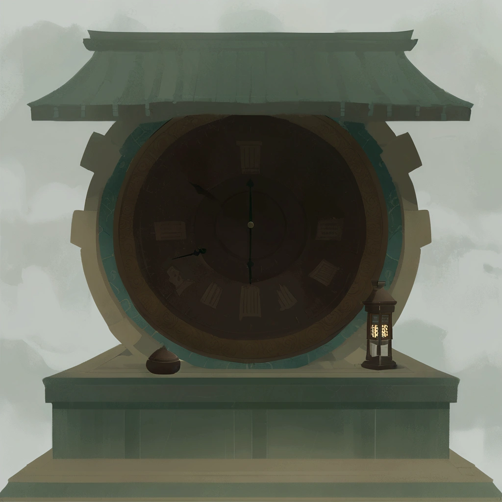 there is a clock that is sitting on a pedestal in a room, mythical shrine, legend of korra setting, temple background, ancient symbol behind it, mysterious temple setting, zen temple background, shrine, temple of the sun, inspired by Gong Xian, background depicting a temple, scales made of jade, artwork in the style of z.w. gu, gong