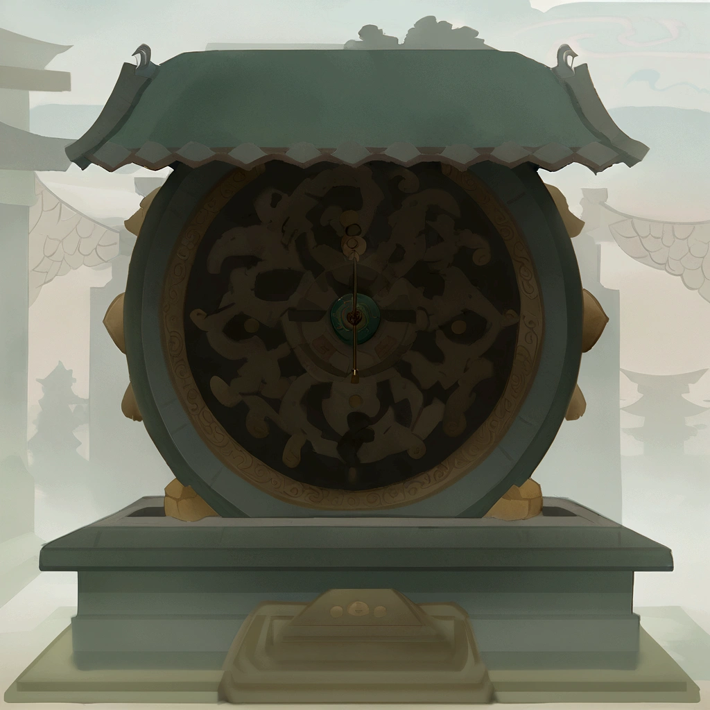 there is a clock that is sitting on a pedestal in a room, mythical shrine, legend of korra setting, temple background, ancient symbol behind it, mysterious temple setting, zen temple background, shrine, temple of the sun, inspired by Gong Xian, background depicting a temple, scales made of jade, artwork in the style of z.w. gu, gong