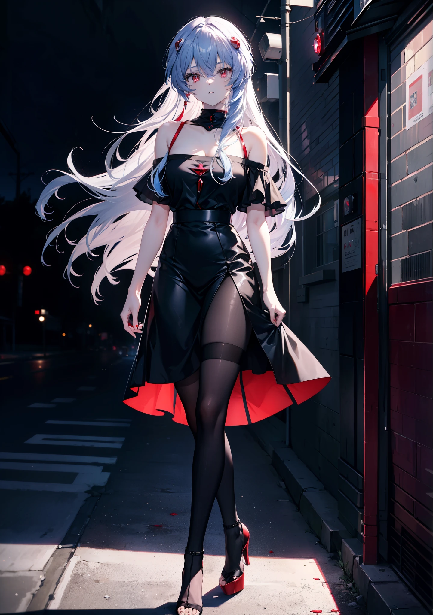 reiayanami, Rei Ayanami, Blue Hair, Long Hair, (Red ruby eyes:1.5),smile,black cold shoulder tops,Short sleeve,black long skirt,Black pantyhose,Stiletto heels,evening,sunset,walking,whole bodyがイラストに入るように,
break outdoors, ビル街
break looking at viewer, whole body,
break (masterpiece:1.2), highest quality, High resolution, unity 8k wallpaper, (figure:0.8), (Beautiful fine details:1.6), Highly detailed face, Perfect lighting, Highly detailed CG, (Perfect hands, Perfect Anatomy),