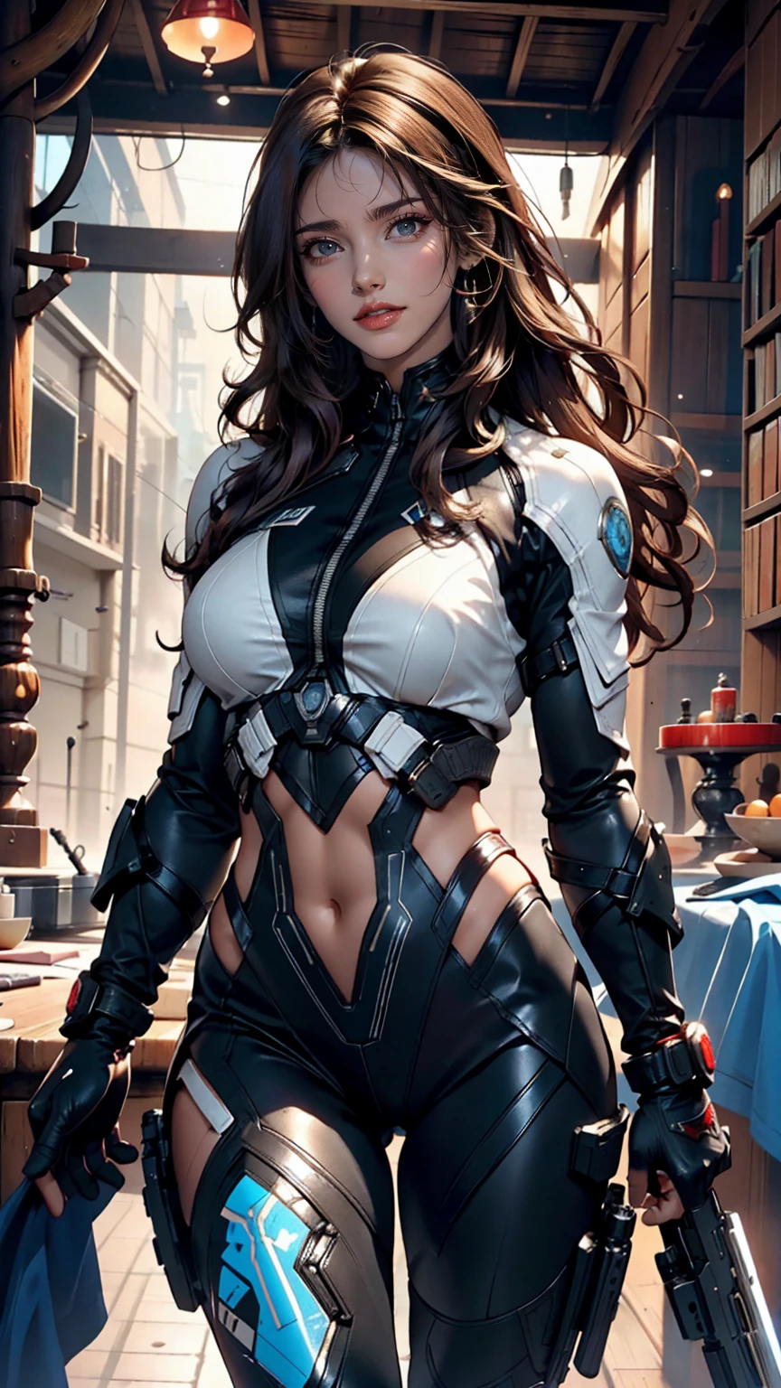 High quality, ultra-realistic images of women.  The woman is of mixed Native American and Jewish descent..  Powerful Features, Fair skin.  Dark brown curly hair, Dark Eyes.  The woman is wearing a semi-futuristic combat suit..  She has a gun and a knife strapped to her body..  Beautiful woman smiling.  Her eyes shine with hatred.