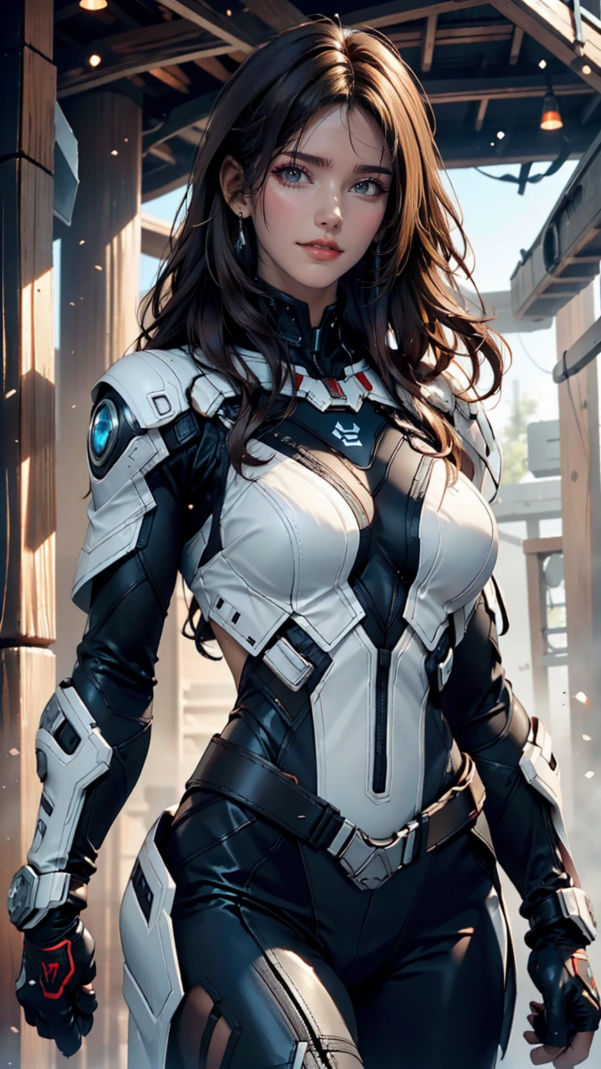 High quality, ultra-realistic images of women. The woman is of mixed Native American and Jewish descent.. Powerful Features, Fair skin. Dark brown curly hair, Dark Eyes. The woman is wearing a semi-futuristic combat suit.. She has a gun and a knife strapped to her body.. Beautiful woman smiling. Her eyes shine with hatred.