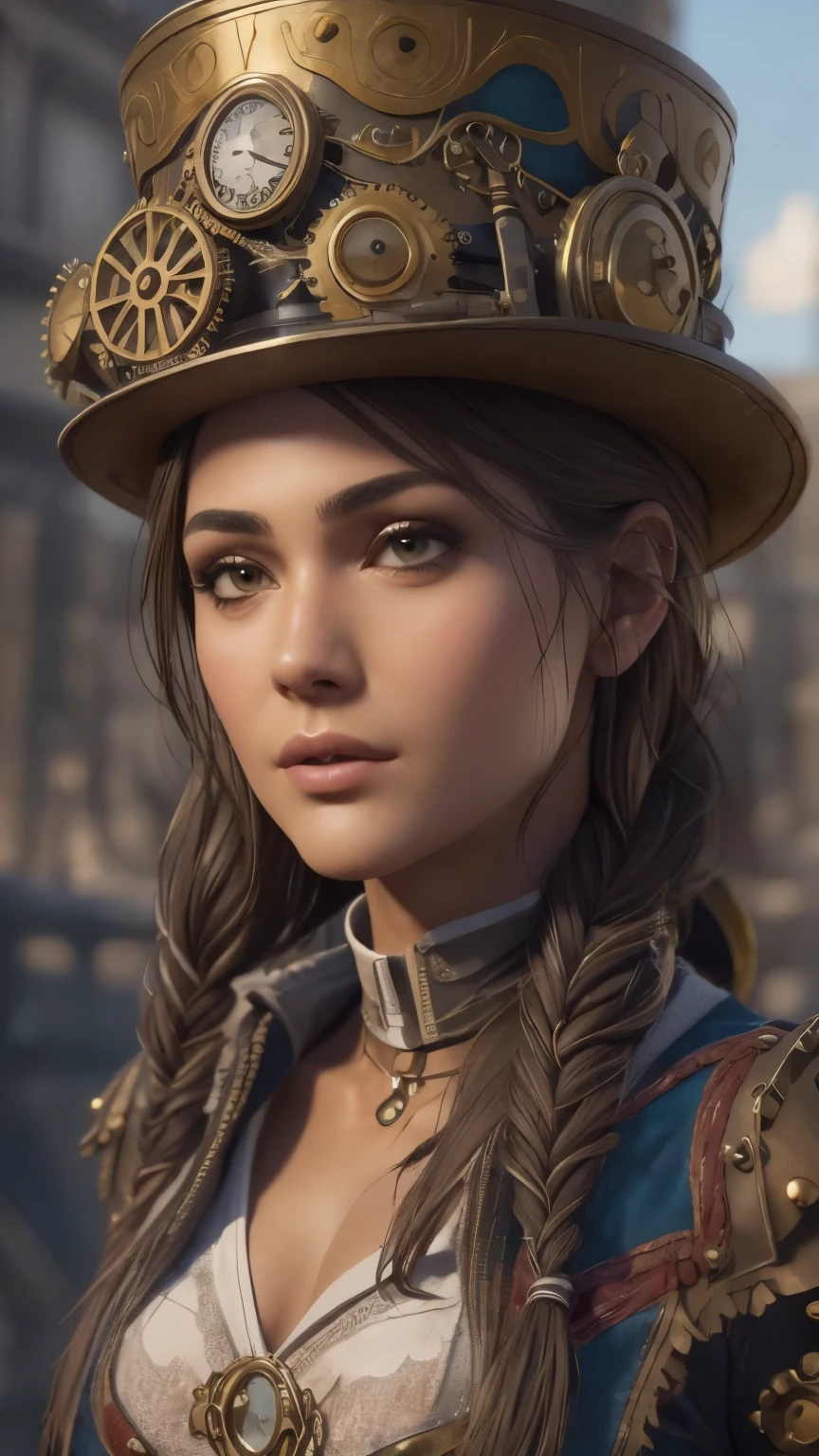 Columbian 19 year old girl, Kassandra, half body view, (front to camera), detailed european face, (aspiring facial expression), (((steampunk style close))), ((steampunk city on the background)), RAW, analog style, ultra detailed photograph, cinematic lighting, artstation, 4k, sharp focus, high resolution, detailed skin, detailed eyes, full body