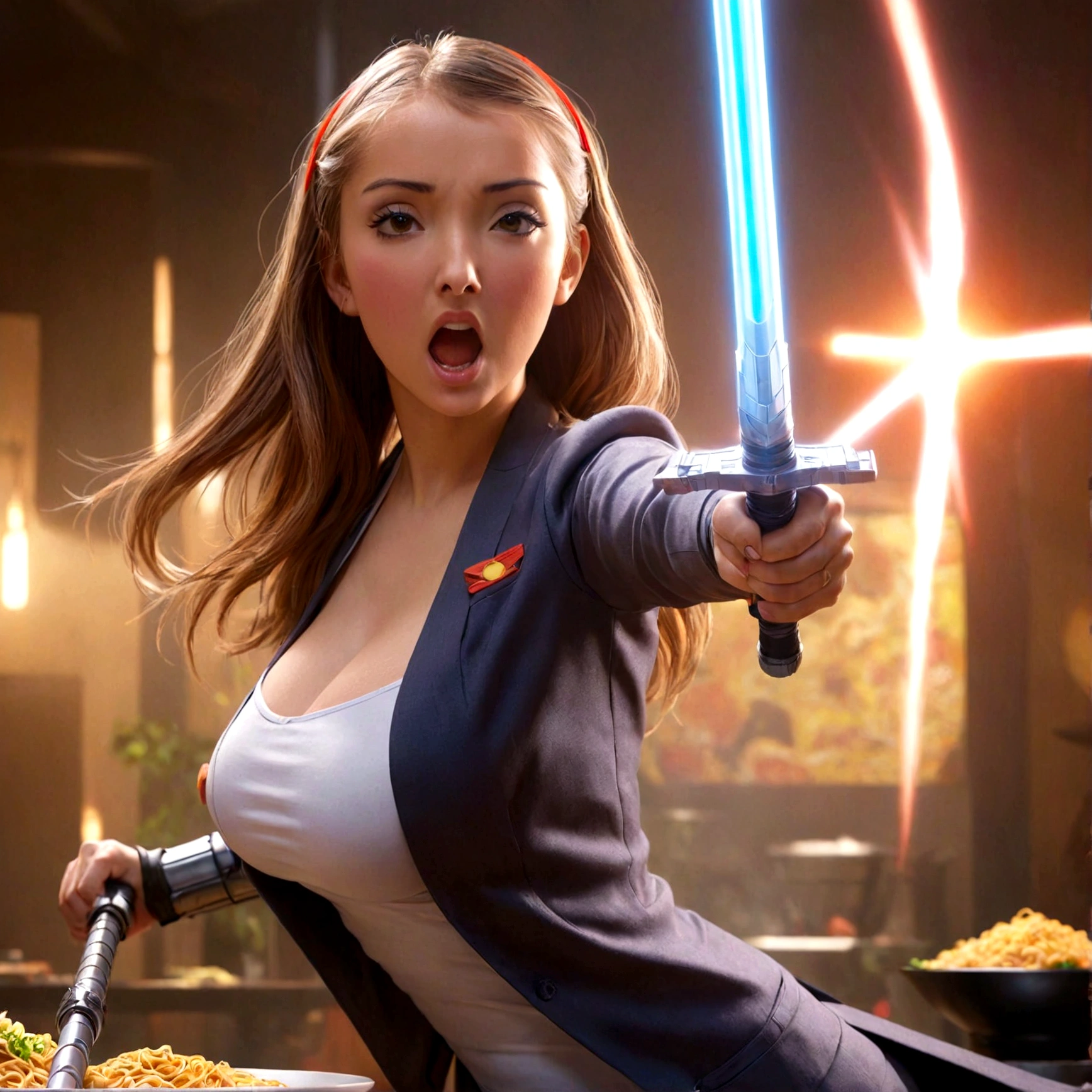 a lovely woman, confident business attire, wielding a laser sword, ramen advertisement "obliterate your hunger", cinematic lighting, hyper detailed, 8k, photorealistic, concept art style, vibrant colors, dramatic pose, dynamic action scene