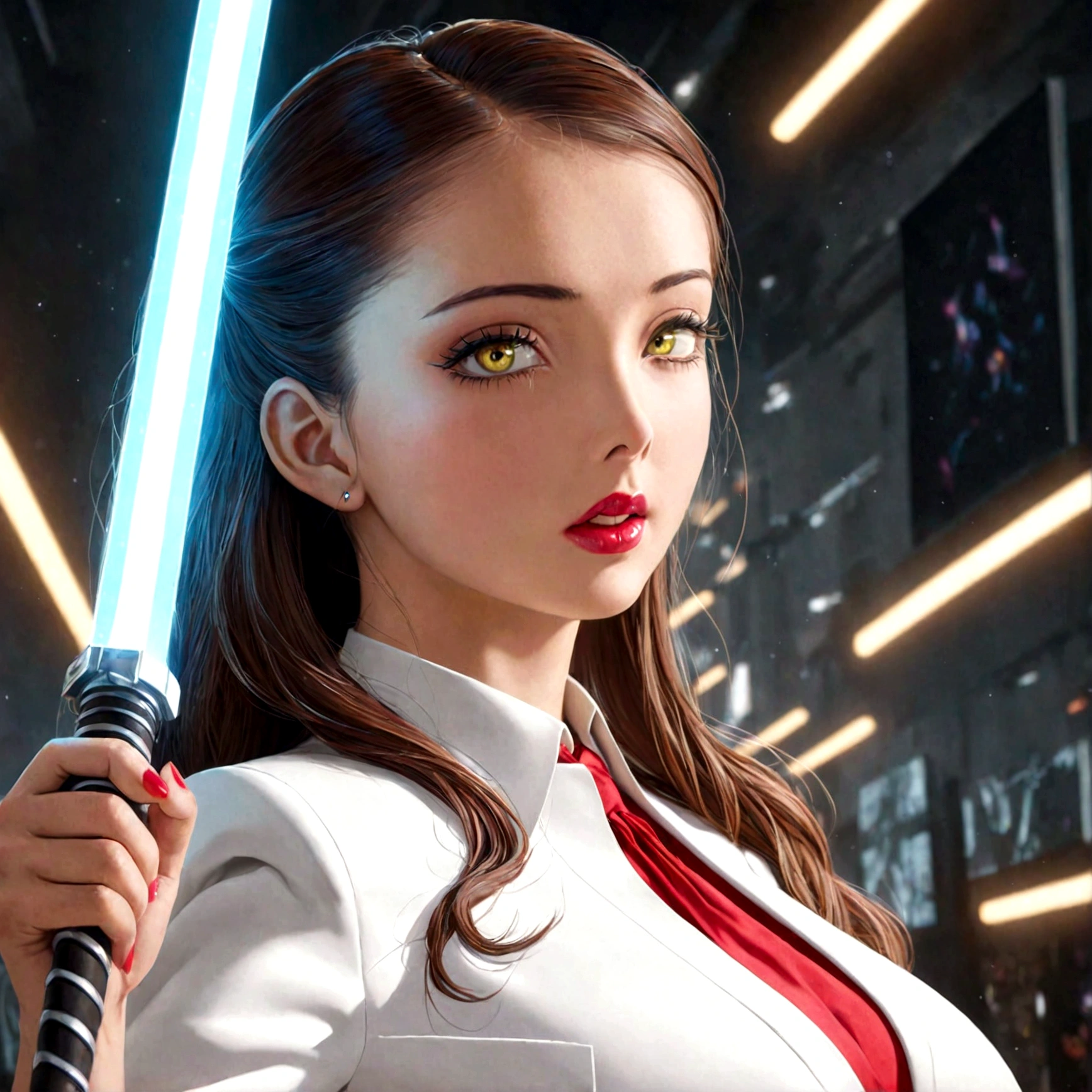 A lovely woman, confident business woman, wielding a laser sword, ramen advertisement, obliterate your hunger, 1girl, beautiful detailed eyes, beautiful detailed lips, extremely detailed face and features, long eyelashes, elegant business attire, dynamic pose, photorealistic, award winning digital art, cinematic dramatic lighting, vibrant colors, hyper detailed, 8k, best quality, masterpiece