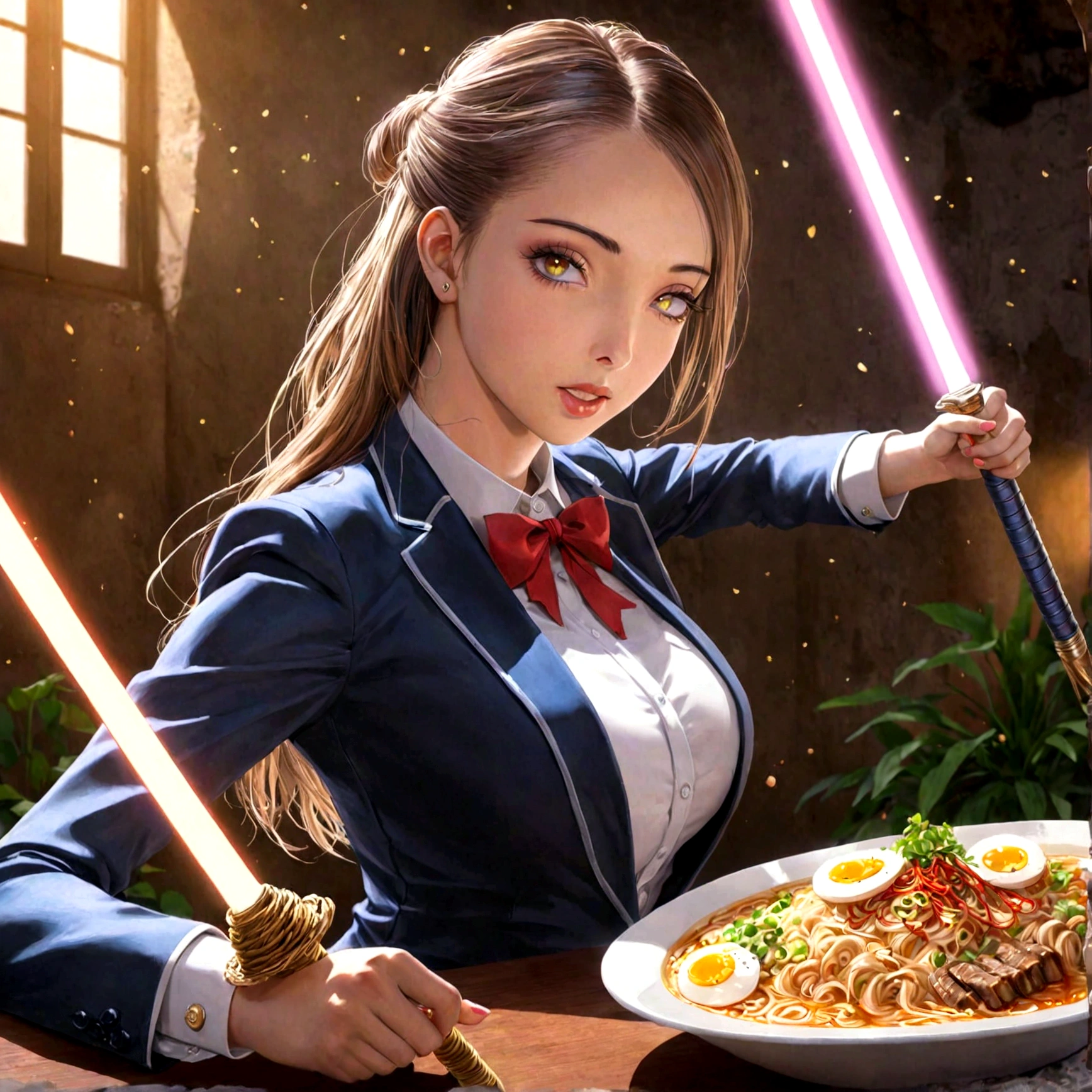 A lovely woman, confident business woman, wielding a laser sword, ramen advertisement, obliterate your hunger, 1girl, beautiful detailed eyes, beautiful detailed lips, extremely detailed face and features, long eyelashes, elegant business attire, dynamic pose, photorealistic, award winning digital art, cinematic dramatic lighting, vibrant colors, hyper detailed, 8k, best quality, masterpiece