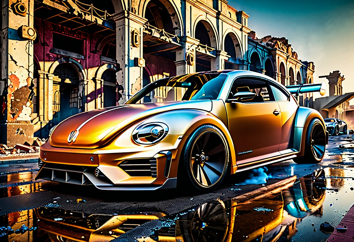 a highly detailed, hyper-realistic, photorealistic race muscle car resembling a new beetle in a futuristic, sci-fi setting with ruins, cinematic lighting, chiaroscuro, ray tracing, vibrant colors, dramatic shadows, decaying buildings, futuristic technology, dynamic composition, motion blur, urban decay, dynamic perspective, immersive atmosphere, post-apocalyptic, abandoned, reflections, moody, intense, mystery, advanced design, sleek lines, powerful engine, speed, danger, adrenaline rush