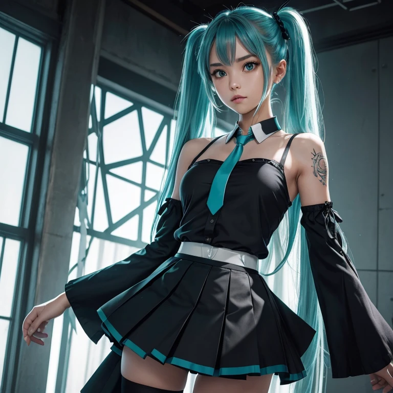 (((medium full shot))), (Masterpiece, photorealistic, photorealism, best quality, ultra-detailed:1.3), (nice hands, perfect hands), official art, cinematic light, (1girl:1.3), adult, aqua eyes, aqua hair, hatsune miku, twintails, very long hair, hair ornament, bangs, hair between eyes, shoulder tattoo, medium breasts, shiny hair, number tattoo, eyelashes, bright pupils, detached sleeves, sleeveless shirt, bare shoulders, black sleeves, aqua necktie, collared shirt, black skirt, pleated skirt, grey shirt, miniskirt, black thighhighs, zettai ryouiki, long sleeves, wide sleeves, sleeves past wrists, frills, wing collar