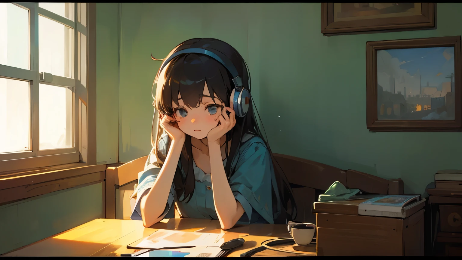 Put the headset on your head、Playing with a PC mouse、Sad lo-fi girl looking out the window. There is a peaceful painting on the wall in the background.、Girl is drinking coffee