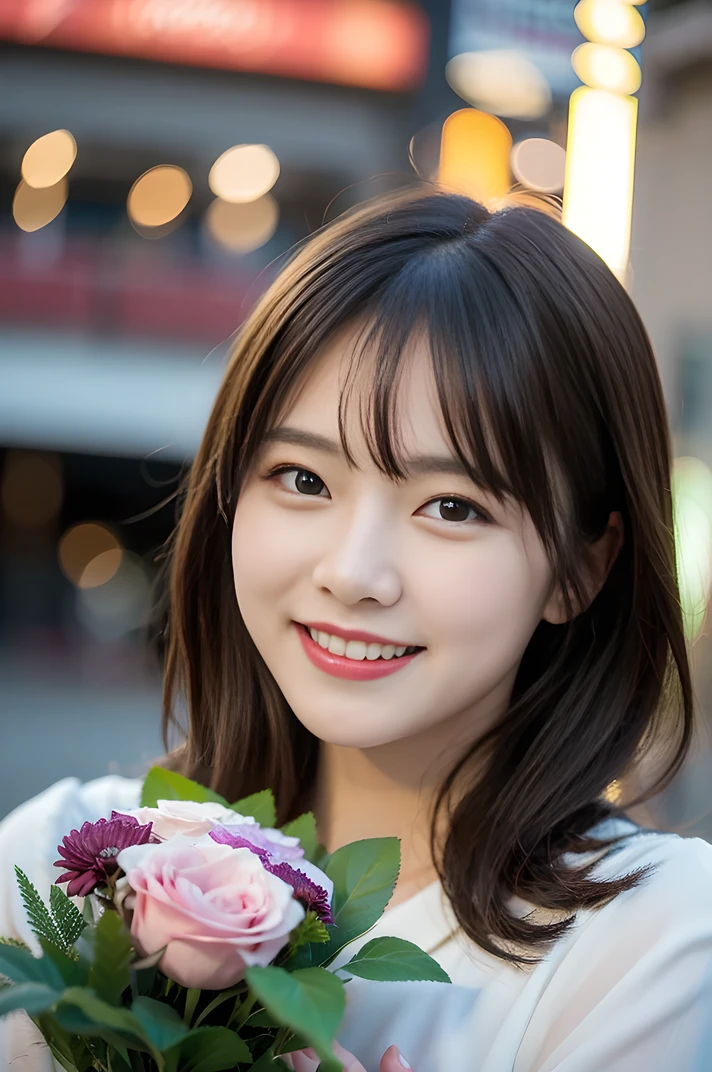 (8k, RAW Photos, highest quality、masterpiece:1.2), (Realistic、Realistic:1.37), Super detailed, High resolution, 1 girl, laughing, View your viewers, Beautifully detailed face、(Holding a bouquet:1.3),Beautiful and detailed skin、Skin Texture、Floating Hair、Professional Lighting、