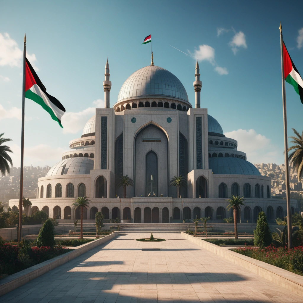 a futuristic palace of palestine, an arabic leader rise the flag of palestine, victory, cyberpunk, mecha, flags of palestine, highly detailed, 8k, photorealistic, cinematic lighting, dramatic, vivid colors, concept art style