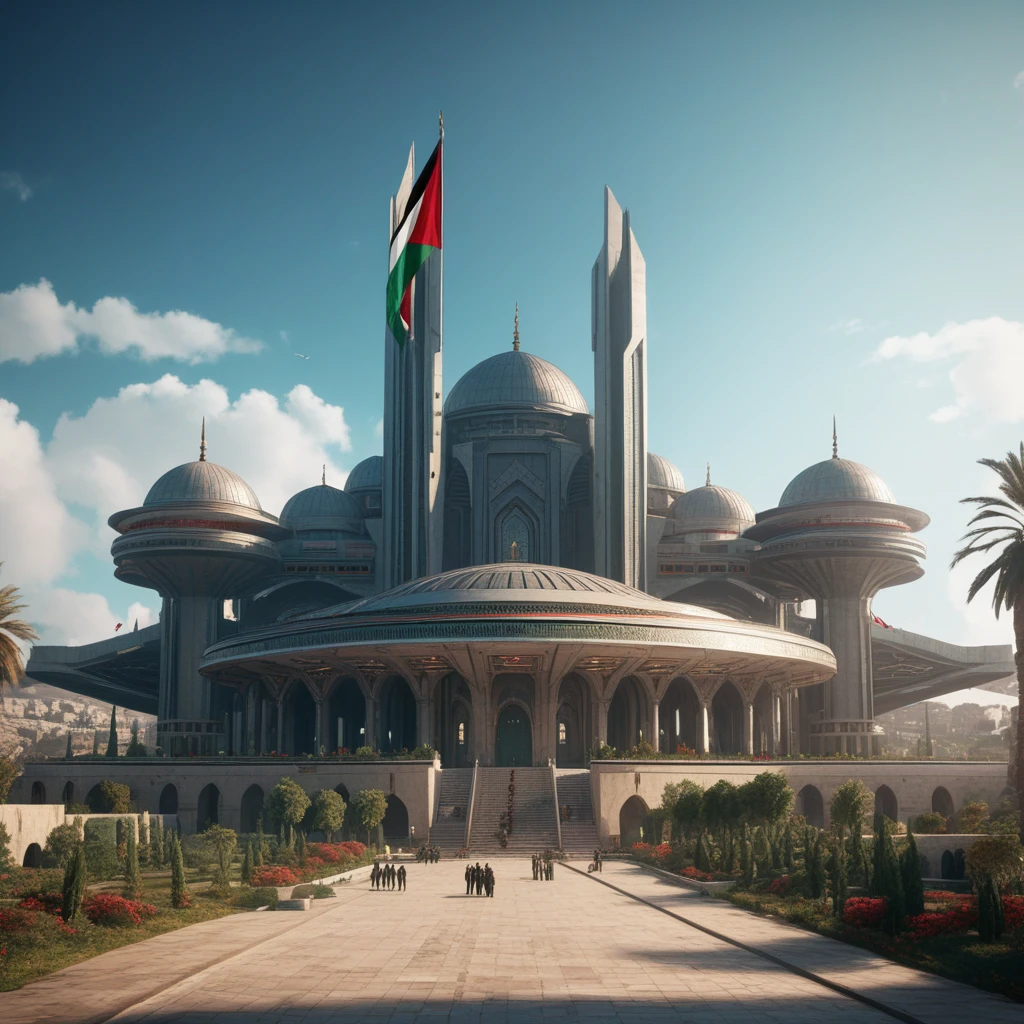 a futuristic palace of palestine, an arabic leader rise the flag of palestine, victory, cyberpunk, mecha, flags of palestine, highly detailed, 8k, photorealistic, cinematic lighting, dramatic, vivid colors, concept art style