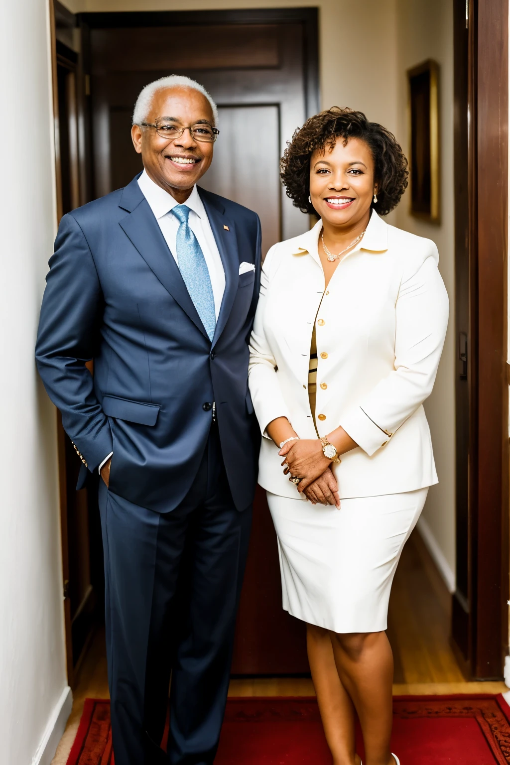 ((melhor qualidade)), ((Obra de arte)), (detalhado), create professional photography, full body photography, of an African-American couple approximately 75 years old, executive clothing, hands, standing together, happy, showing successful posture, ultra hd, realistic photo.