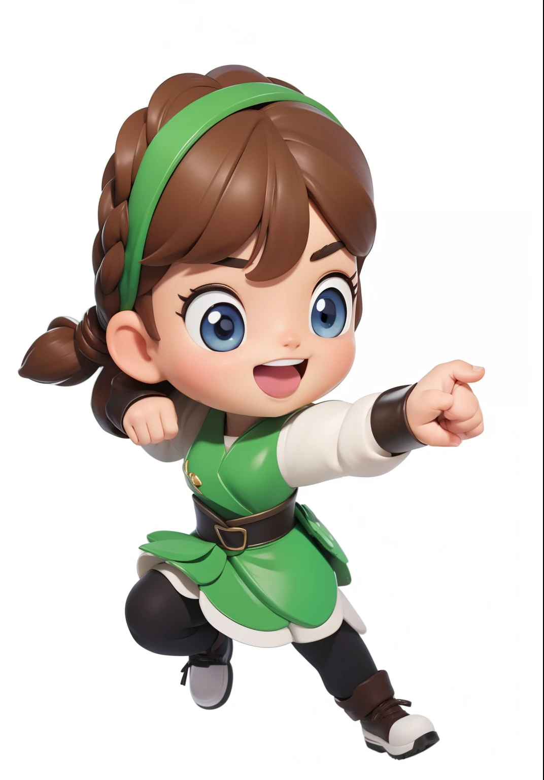 (masterpiece: 1.2)， #11: Pixie Long Braided Brown Hair, Cute cartoon characters, female forest archer, Animated Characters,braid，Bright Eyes，Black eyes，Dark brown eyes，No blue eyes，Look down，eyes look below，surprise，Green hair accessories，Long eyelashes， Green Skirt，Shoe details，High-quality character design, The skirt is neat and tidy，Simple details on the skirt，Lovely characters, Super Detail，Hand details，There are fingers，(Delicate skin: 1.3) (8K) (Detail eyes) (Clear focus), (A bit angry), 1 Girl, Red Cliff, Luxurious fabrics, One meter and five heights，Arm stretch，Belt detail，3D Rendering，Q version cartoon，(8K)， (Exquisite eyes) (Clear focus),