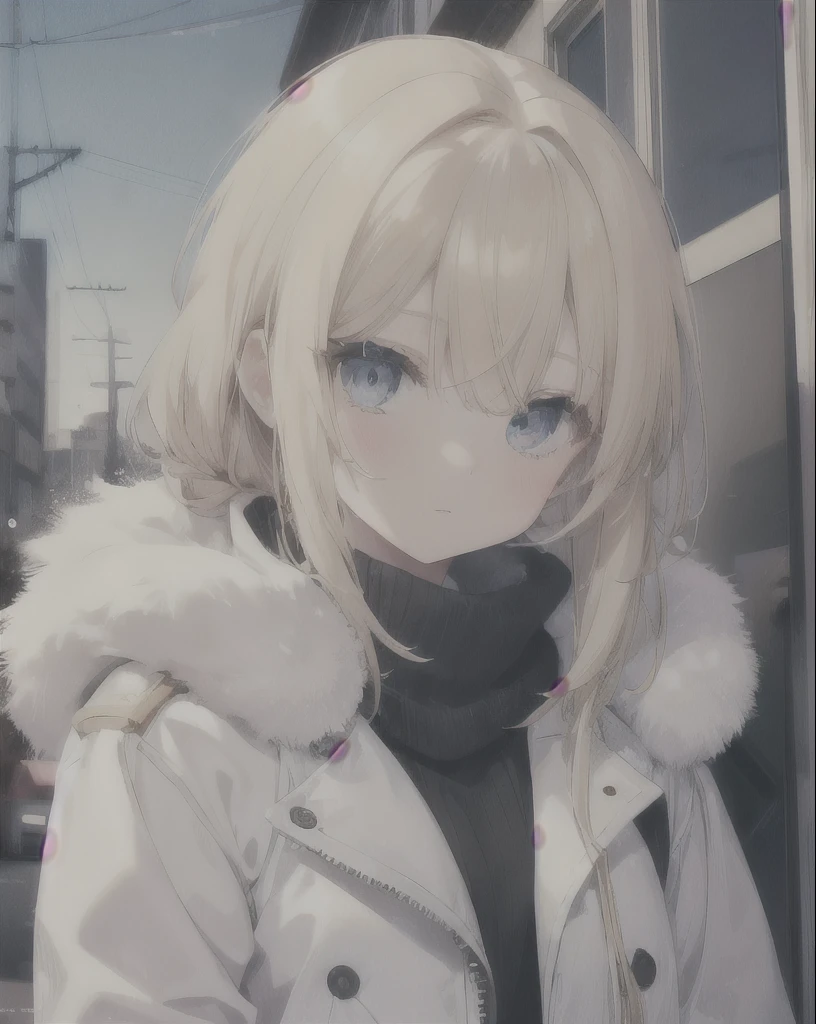 A girl with blonde hair tie up, wearing cream fur jacket in winter staring at camera, eye color is blue