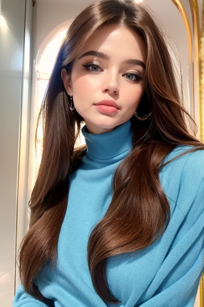 Professional photograph, best quality, 8K, hyper detailed, half body, A close up portrait of a Gorgeous, pretty, warm-hearted, kind-hearted, good-hearted, stunning, cheerful, sweet, polite, sensitive, sensible, shiny, charming, alluring, dreamy, graceful, majestic, classy, stylish, flowing super long brown haired argentinian woman. Flowing hair, silky hair, glowing hair, ethereal argentinian beauty, exotic argentinian beauty, timeless argentinian beauty, dream argentinian beauty. She has the cutest face, beaming countenance, fair porcelain skin, soft make-up, red lipstick, she is wearing a total denim outfit: denim jacket, skinny denim pants, a blue sweater, and riding boots. An angelical, ethereal, sublime beauty from Argentina.