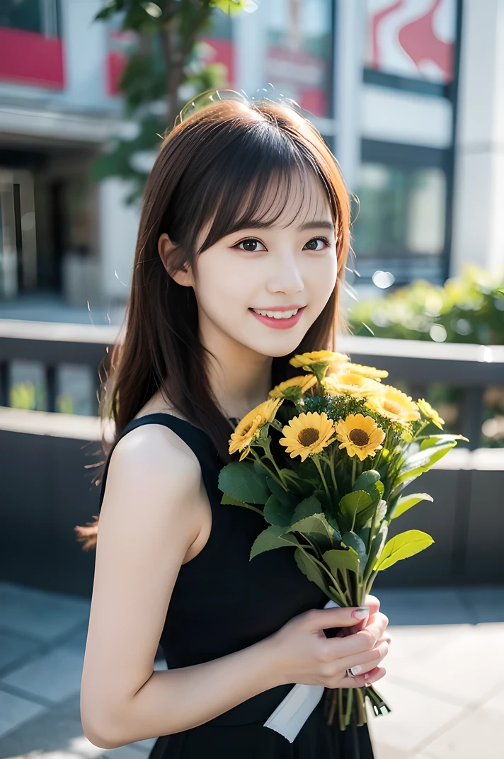 (8k, RAW Photos, highest quality、masterpiece:1.2), (Realistic、Realistic:1.37), Super detailed, High resolution, 1 girl, laughing, View your viewers, Beautifully detailed face、(Holding a bouquet:1.3),Beautiful and detailed skin、Skin Texture、Floating Hair、Professional Lighting、
