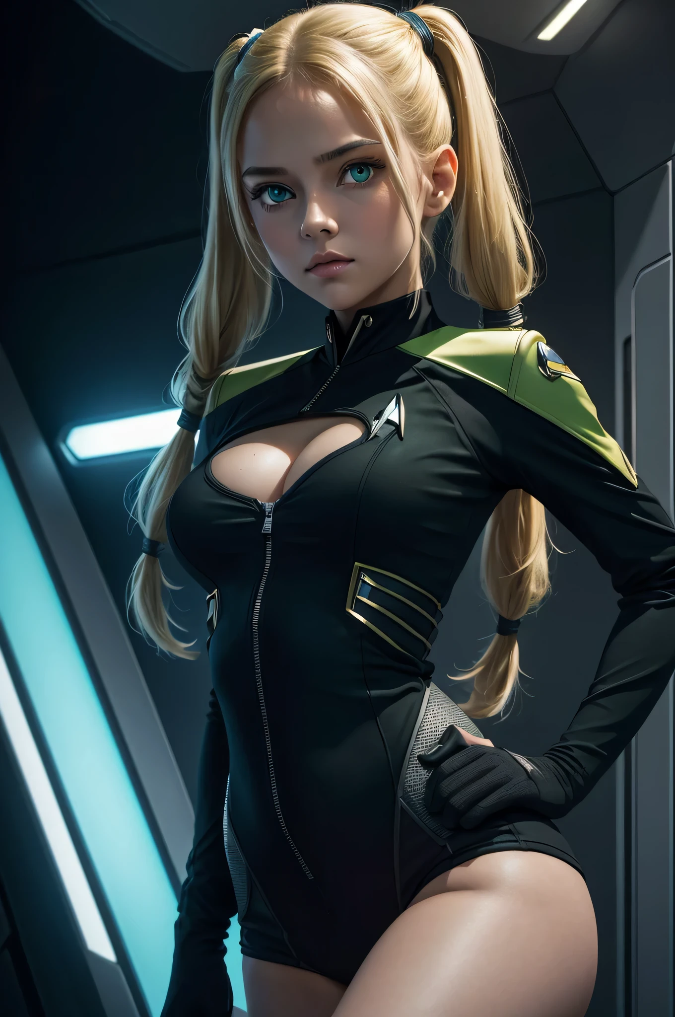 High Detail, Ultra Detail, 8K, Ultra High Resolution there are one cute and innocent girls, 16yo, blonde medium hair in pigtails, green eyes, say hello to first officer Leonard Nimoi (Spook in the star trek tv series) inside a spaceship, adding to the playful atmosphere, (masterpiece), the best quality, expressive eyes, perfect face, Star Trek style. sexy clothing, cutout. Stomach, shoulders, cleavage, innocent expression, low key light, dark background, neon glow
(masterpiece), excellent quality, expressive eyes, perfect face