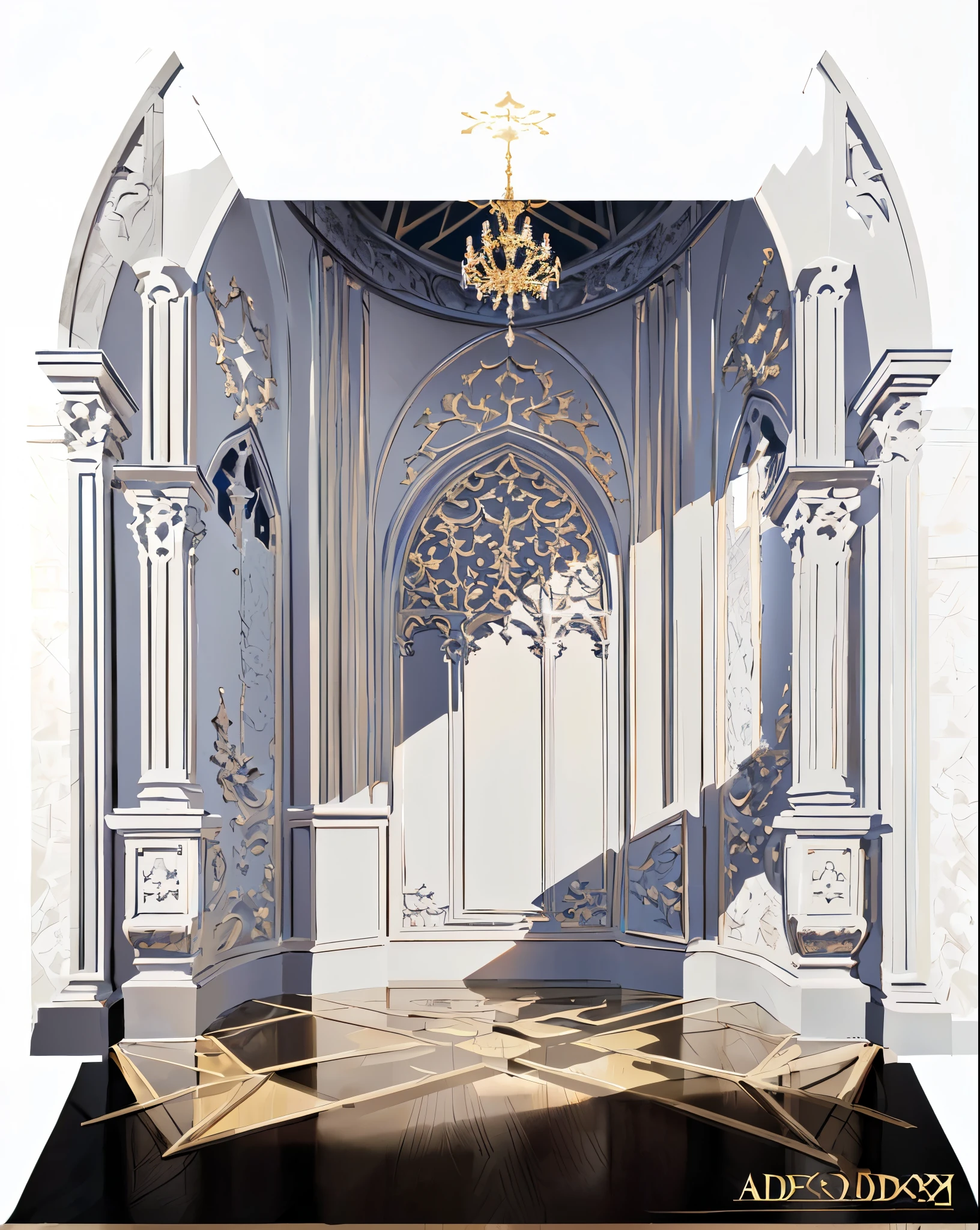 There is a drawing of a room with a chandelier,There is also a chandelier, Gothic interior, Detailed 3D Gothic painting, Neo-Gothic concept, baroque style interior, architecture, Interior Background Art, Baroque background, Baroque Figures, Baroque environment, Gothic Epic Library Concept, architectural illustration, Gorgeous background, Photography isometric cathedral, Marble room, 高品质的architecture艺术