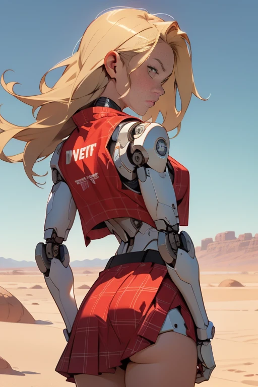 high quality, 4k, masterpiece, beautiful, cyborg girl, cowboy shot, dull eyes, back side, turning around to look at viewer, long blonde hair, girl, small breasts, fit thigh, robotic arms, robotic body, cyborg body, yellow accent, red accent, intricate detail, joint, detailed lines, robotic detail, 1fist on hip, color robotic parts, robotic parts with color, perfect fingers,red plaid fabric pleated micro skirt, blowing in the wind.red loose basketball cropped vest.on a desert planet, sunny background, colorful desert,