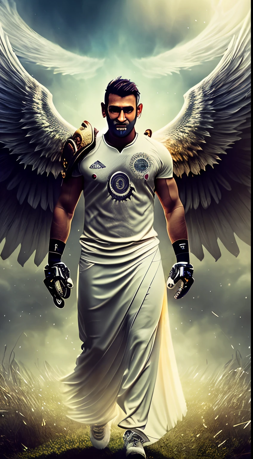 a male angel, with beams of light surrounding his body, his feathered wings are spread, a gold (halo:1.2) over his head, muscular, beard, male, dark, horror, masterpiece, best quality, intricate details, absurd , DREAD, Chromatic Aberration, Depth of Field, Soft Lighting, Tone Mapped, Highly Detailed, Concept Art, Soft, Sharp Focus, Dramatic Lighting, Highly Detailed Artwork, Cinematic, 8K, Amazing Shadows (Highly Detailed Background: 1.0) create this photo for Ms dhoni