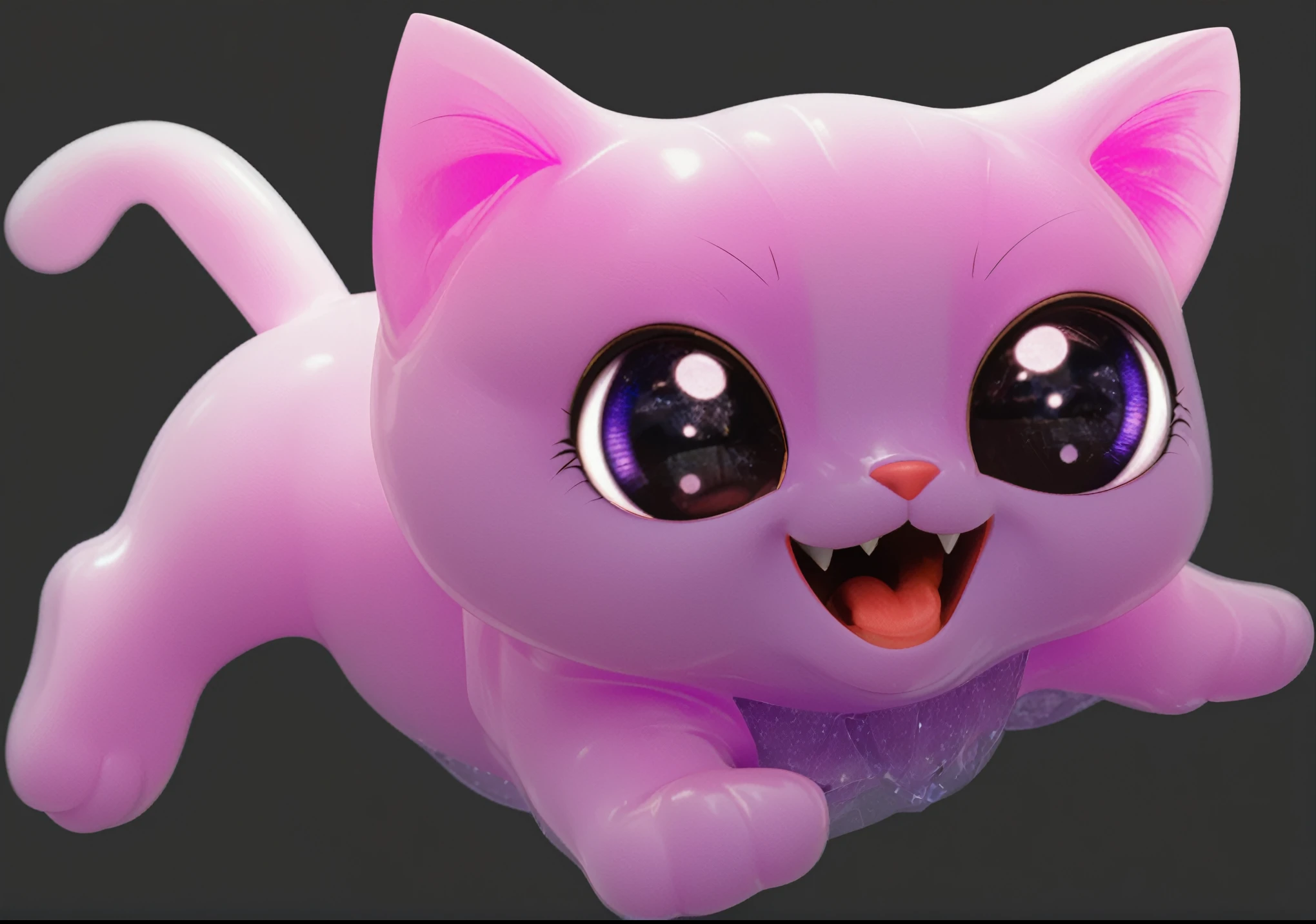 adorable cat-like creature big eyes, cute pink 3d cat, cute violet 3d realistic cat toy made of plastic at cartboard box glossy texture, smooth 3d model, glossy plastic texture, multiple light sources, rim light, sharp post effects render, most beautiful vfx, , realistic, 4k, high resolution, rim light, smooth 3d model. , (glossy plastic texture with multiple big light probe refractions)