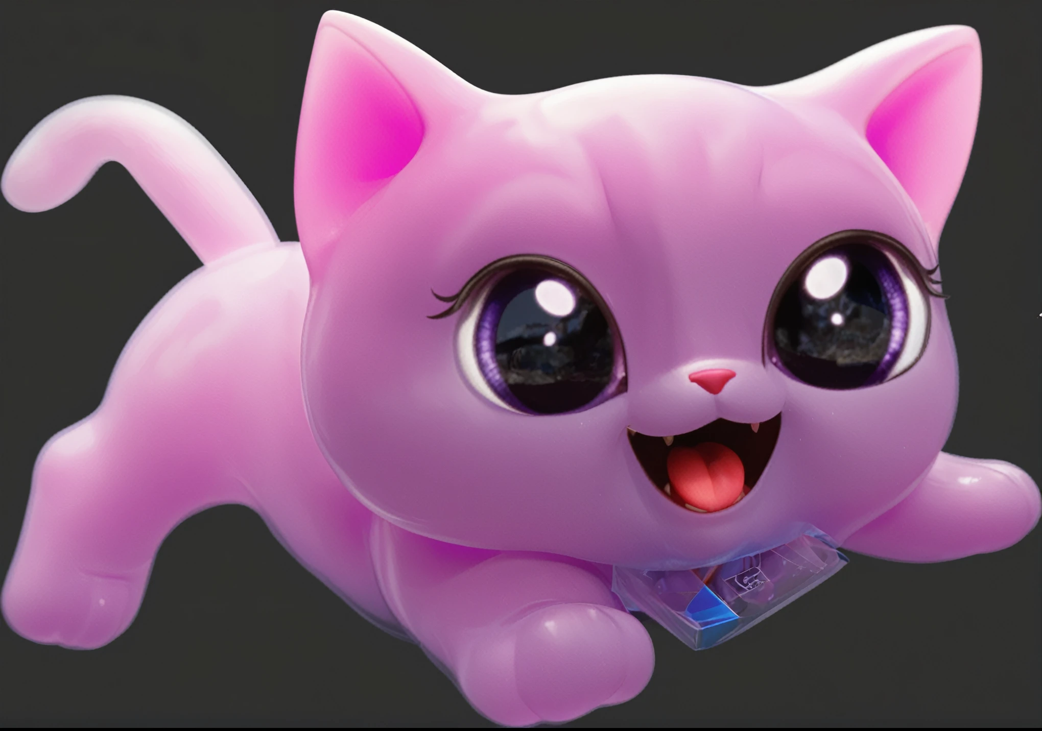 adorable cat-like creature big eyes, cute pink 3d cat, cute violet 3d realistic cat toy made of plastic at cartboard box glossy texture, smooth 3d model, glossy plastic texture, multiple light sources, rim light, sharp post effects render, most beautiful vfx, , realistic, 4k, high resolution, rim light, smooth 3d model. , (glossy plastic texture with multiple big light probe refractions)