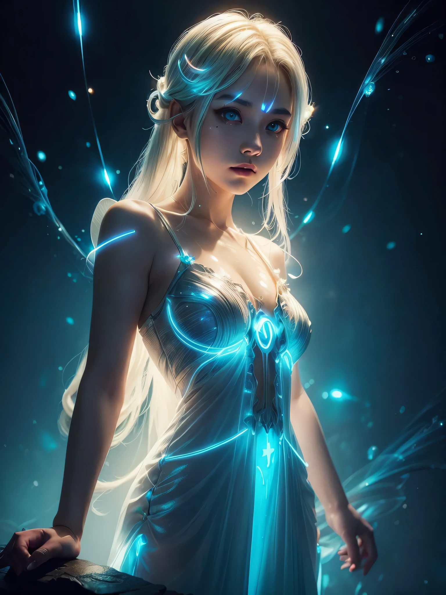 ((upper body)), best quality, masterpiece, a Japanese woman with ((Luminescence white hair)), ((detailed pearl blue eye)), high detailed goddess soul, focus on character, solo, (style swirl magic), solo, from front, front view, looking at viewer, detailed face, ((Luminescence Lighting Magic Circle theme)), perched on a ledge, tight neon body, light streaks, dark abyssal wanderer abstract, ((Simple Luminescence Neon Gown)), inscribed with mystical runes, outdoor dystopian background,