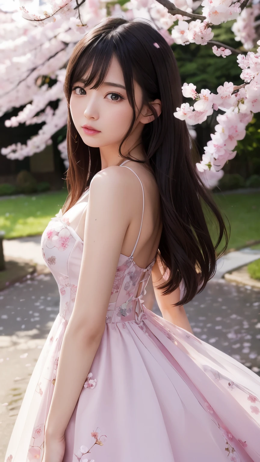 (logo、masterpiece、8k、Tabletop、RAW Photos、wonderful、最high quality、フォトリアリスティックでVery detailedな CG 統合 8k 壁紙、high quality、Very detailed、Narrative poem、Particle Effects、Dynamic Effects、Written boundary depth、Cinematic Light、Lens flare、Ray Tracing)、Fantasy、 (1 Beauty、dress、dress、Cherry blossom pattern、Black-haired、Beautiful Face、True Face、Beautiful details、eye、Beautiful Skin)、Hair flutters in Wind、Hair bounces、Pink cherry blossom tree、Petals flutter、SakuraFubuki、wonderful景色、Morning Glow、Sun in the background、Wind、