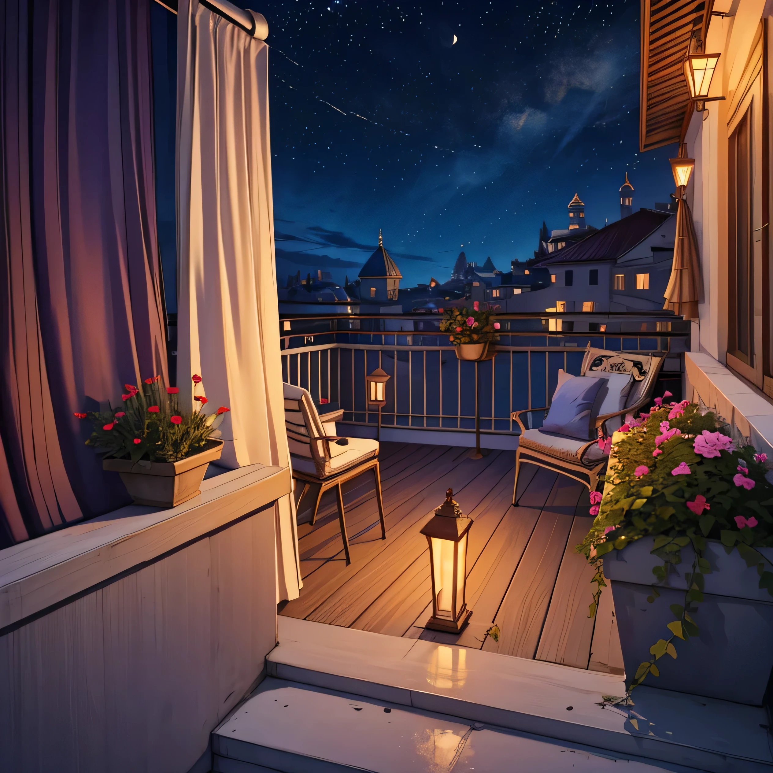 (((((Small balcony))))),There is a cool breeze,Surrounded by railings,Scenes,Unmanned Scenes,beautiful,sav art,in the evening,((((European)))),On the balcony,night night,curtain,Marble railing