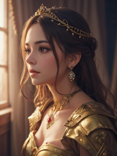 (Masterpiece), best quality, highest quality, highly detailed CG unity 8k wallpaper, original, high resolution, (depth of field: 1.5), fidelity: 1.3, royal portrait style, 1 girl, curtains, solo, earrings, warrior