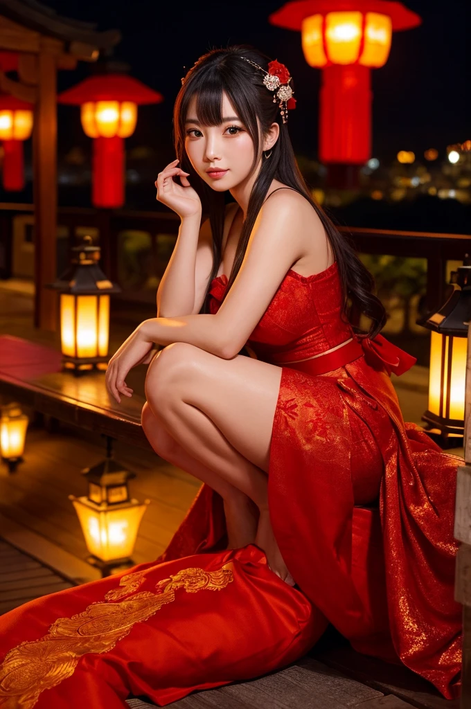 An extremely beautiful and seductive courtesan is sitting in a place overlooking Yoshiwara at night.、The light of the red lanterns is sparkling、