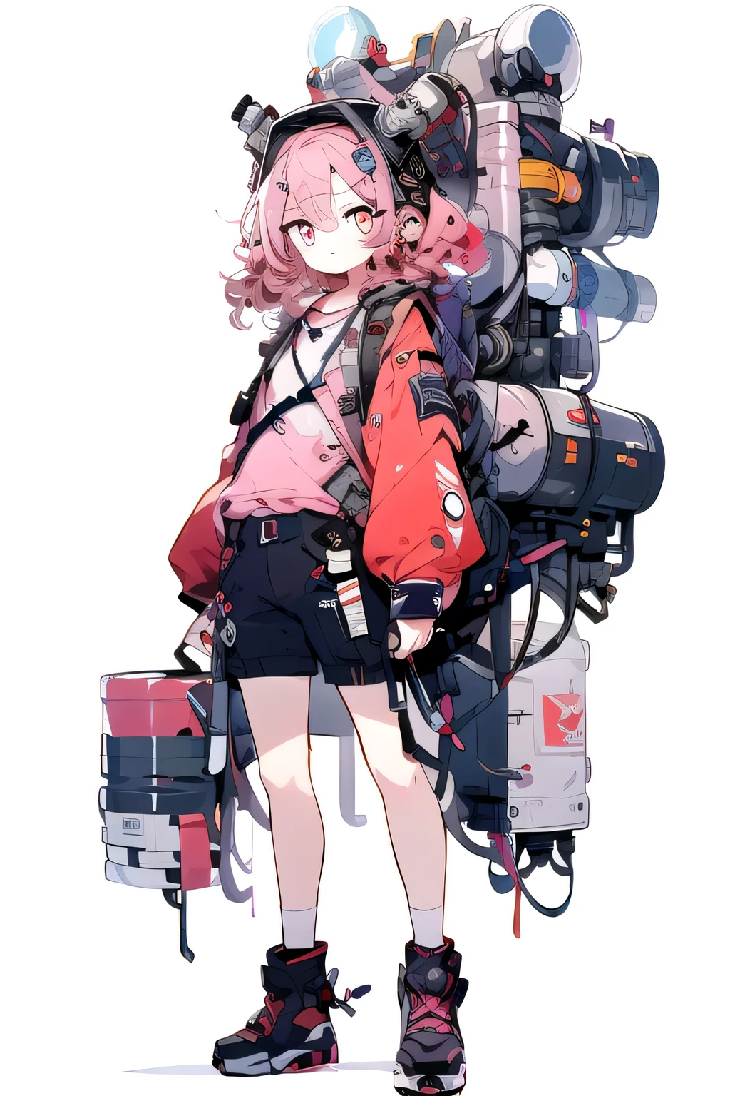 ((Full body shot)), ((No background)), ((White background)), ((chibi)), line art, illustration, masterpiece, ultra detailed, high resolution, high quality, industrial, engineer, 1girl, solo, red eyes, facing viewer, closed mouth, curly pink hair, wearing a pink shirt, pink boots, wearing shorts