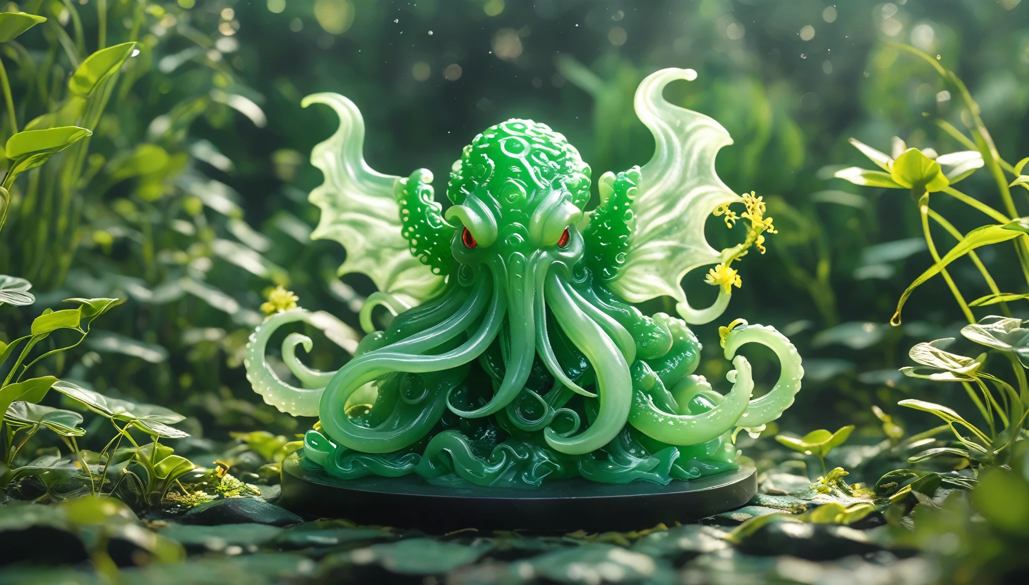 best quality, very good, 16K, ridiculous, Very detailed, Cthulhu(((吉他Cthulhu1.3)))，Made of translucent jadeite, Background grassland（（A masterpiece full of fantasy elements）））， （（best quality））， （（Intricate details））（8K）