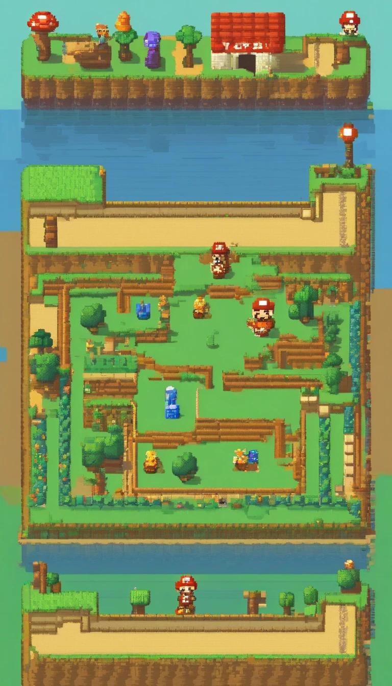 A mario type playground , a landscape which has three obstacles,first one is water, second one is sharp knifes which coming form ground nad final one is fire .make only bqckgrounds ,no character 