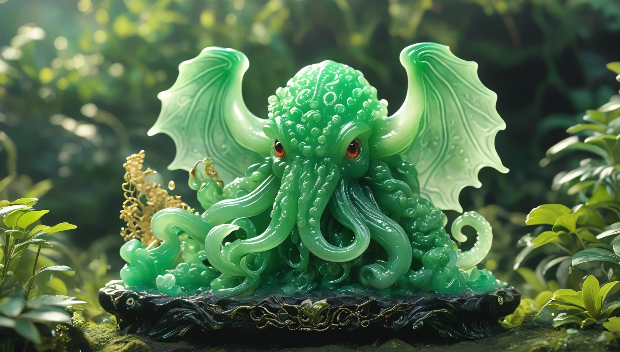 best quality, very good, 16K, ridiculous, Very detailed, Cthulhu(((吉他Cthulhu1.3)))，Made of translucent jadeite, Background grassland（（A masterpiece full of fantasy elements）））， （（best quality））， （（Intricate details））（8K）