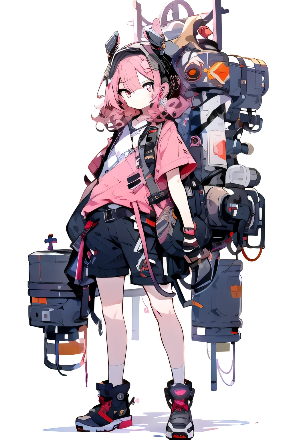((Full body shot)), ((No background)), ((White background)), ((chibi)), line art, illustration, masterpiece, ultra detailed, high resolution, high quality, industrial, engineer, 1girl, solo, red eyes, facing viewer, closed mouth, curly pink hair, wearing a pink shirt, pink boots, wearing shorts