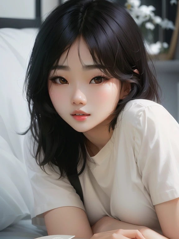A young woman lying in bed,Holding a book in hand, Young and cute Korean face, jinyoung shin, Nam Jae Yeon, Young cute asian face, Ulzan, cute korean face, White Ji haircut, With a cute and delicate face, round face, south east asian round face, short hair, Girl Cute - Delicate Face