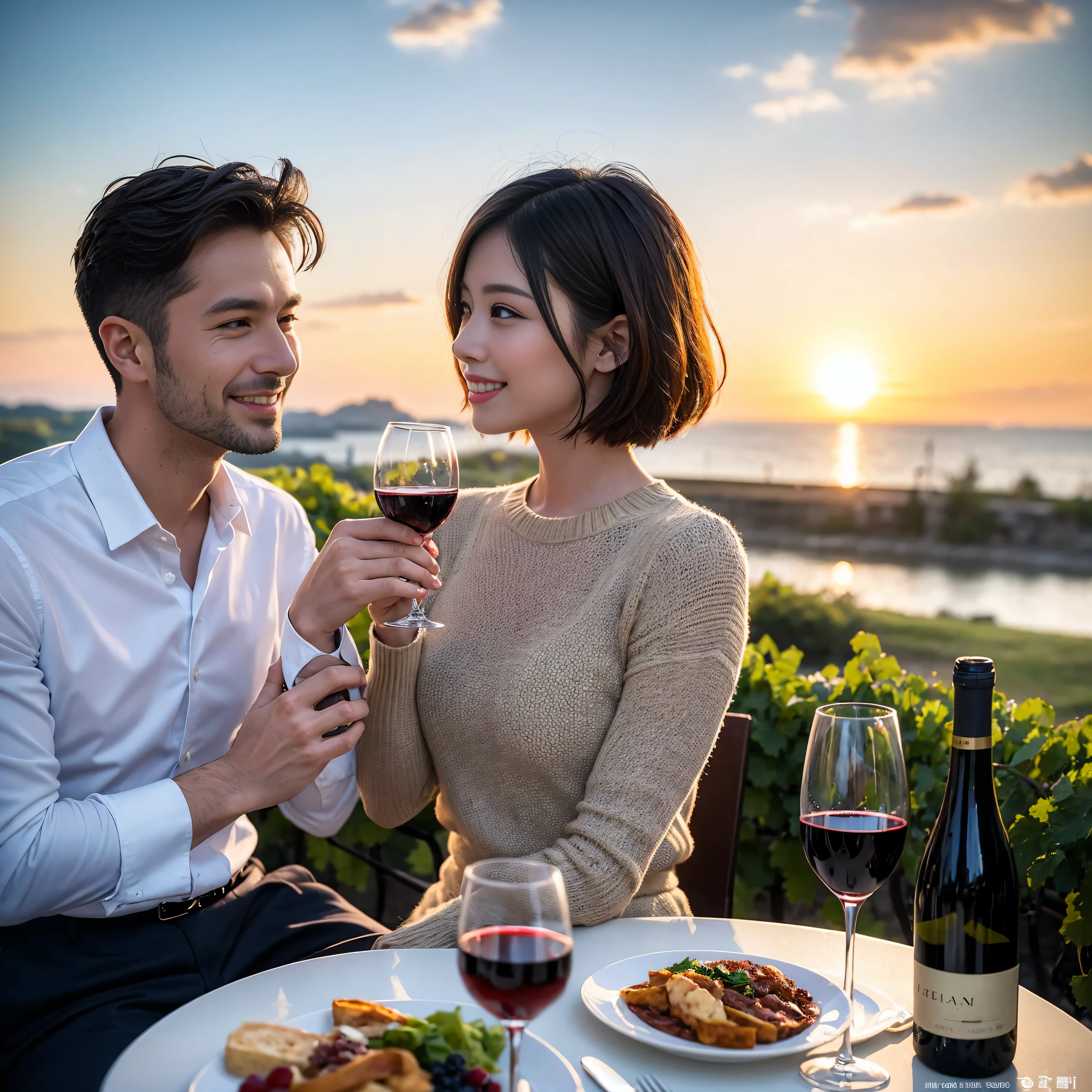 ((highest quality、8k、masterpiece:1.3))、 (Realistic, Real、Bright image、Intricate details:1.2), 1 male 1 female、Satomi Ishihara-like beautiful couple、lover、couple、spouse、Beautiful couple、Happy smile、full-course dinner、 (Slim face), (Slim Body), (Brown Hair), (Short Hair), Wine glass on the table、Please put light on my face、 Amazing view of the sunset sky and clouds、 (Age 35), 39 years old, red wine 、Appetizers、Wine bottle、sparkling wine、Long sleeve shirt、dress、White wine, red wine, wine glass, 